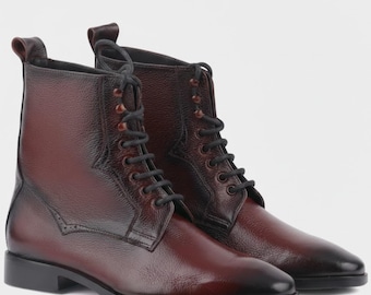 Handmade Burgundy Leather Boots – Men's Lace Up Black Burnished Boots