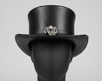 Handmade Black Leather Top Hat – Gothic Skull Accent, Steampunk Fashion