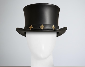 Handmade Black Leather Top Hat: Steampunk Fleur de Lis Cosplay