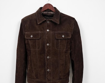 Handmade Brown Suede Trucker Jacket – Men's Western Style Outerwear, Gift for Him