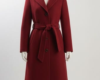 Handmade Red Wool Coat Women – Classic Belted Winter Outerwear, Minimalist Style