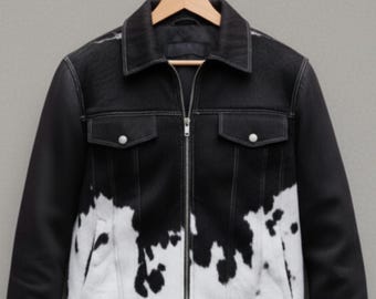 Black and White Cowhide Leather Jacket, Hair on Hide Coat, Handmade Western Outfit