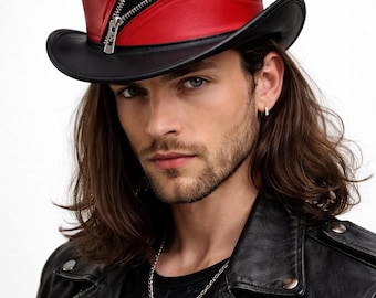 Red Leather Steampunk Top Hat | Handmade Gothic Victorian Cosplay Hat