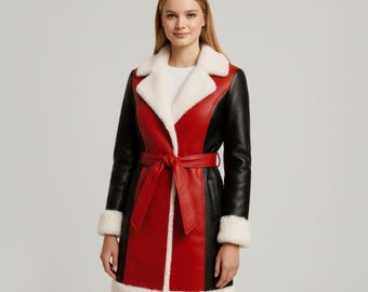 Custom Red Black Shearling Coat – Warm Faux Fur Winter Jacket for Women