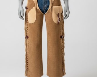 Handmade Tan Suede Leather Chaps, Western Cowboy Fringe Leggings for Men's Rodeo Gear