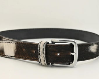 Cow Print Leather Belt – Handmade Western Vintage Cowhide Belt for Men