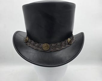 Handmade Black Leather Top Hat – Steampunk Goth Wedding Gift for Men