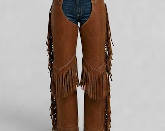 Handmade Brown Suede Leather Chaps – Western Style Fringe Pants for Cowgirls