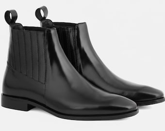Handmade Black Leather Chelsea Boots – Mens Formal Ankle Dress Shoes