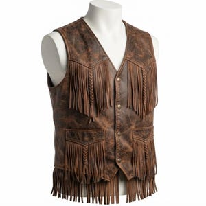 May include: A brown distressed leather vest featuring a V-neckline, four metal snap buttons, and long fringe detailing across the chest and pockets. The garment includes two front pockets with flaps and additional fringe along the bottom hem.