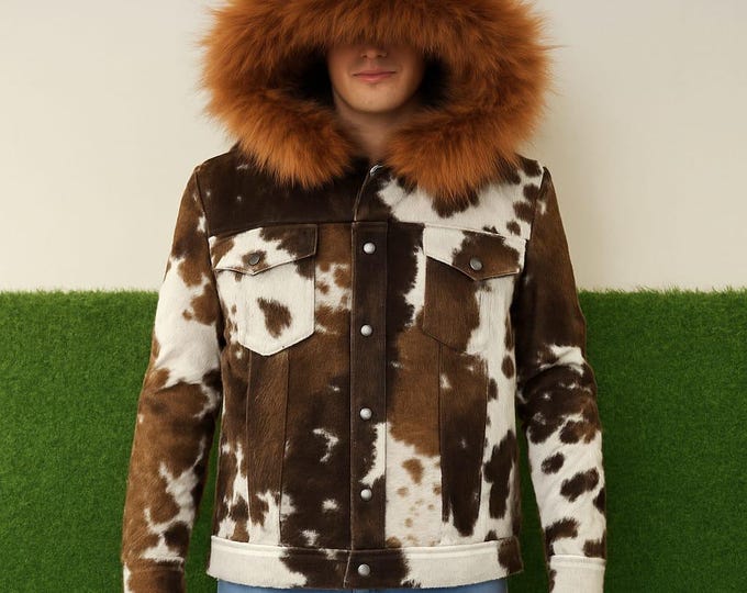 Featured listing image: Handmade Cowhide Leather Jacket – Hair On Hide Cow Print Blazer