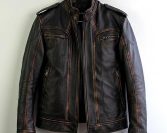 Handmade Brown Leather Jacket – Men's Distressed Motorcycle Style