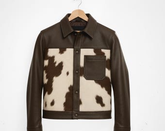 Handmade Brown Cowhide Jacket, Hair on Leather Coat, Western Cow Print Look