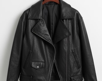Black Moto Jacket, Handmade Faux Leather Biker Coat for Women