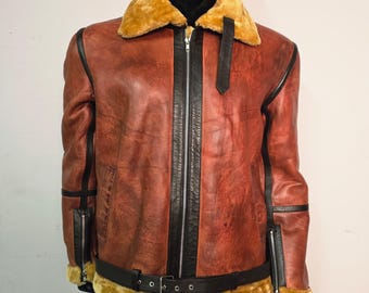 Handmade Men's Brown B3 Bomber Shearling Jacket, a Vintage Style Aviator Leather Coat