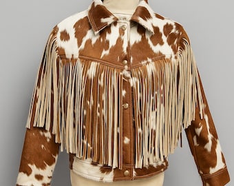 Handmade Brown Cowhide Jacket for Women – Hair On Cow Print Leather Jacket with Fringe