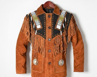 Handmade Brown Suede Jacket – Mens Western Jacket with Beaded Fringe
