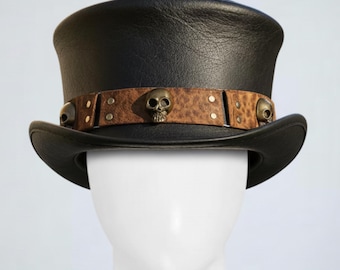 Handmade Black Leather Skull Chain Top Hat | Steampunk Gothic Victorian Festival Costume