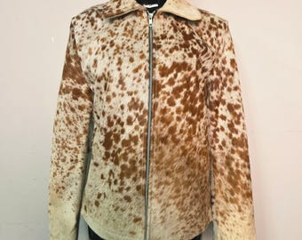 Handmade Brown White Speckled Cowhide Jacket, A Unique Western Hair on Hide Coat.