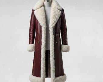 Handmade Burgundy Penny Lane Coat – Faux Shearling Afghan Coat Women 70s Style