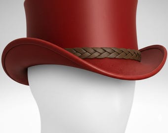 Red Leather Top Hat: Handmade Braided Band Steampunk Festival Costume