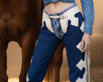 Handmade Blue Suede Chaps  Western Rodeo Pants with White Cutout Fringe