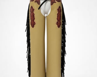 Handmade Tan Suede Leather Chaps – Western Rodeo Fringe Pants for Cowboys