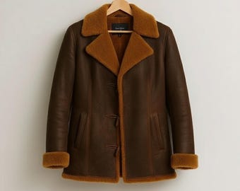 Handmade Brown Shearling Jacket – Women's Vintage Sheepskin Aviator Coat