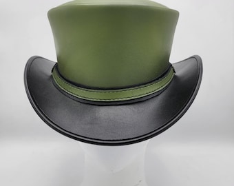 Handmade Green & Black Leather Steampunk Top Hat: Cosplay Mad Hatter