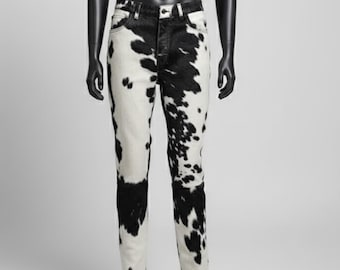Handmade Black and White Denim Cow Print Jeans – Western Cowboy Pants for Women