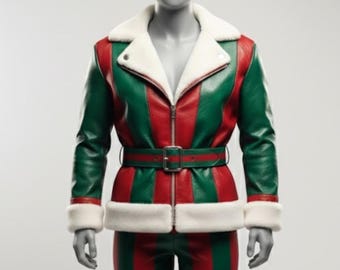 Handmade Red & Green Faux Leather Jacket – Festive Christmas Gift for Her