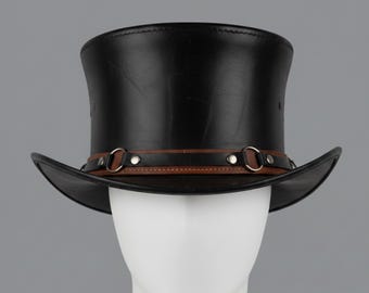 Handmade Black Leather Top Hat: Steampunk Victorian Festival Hat