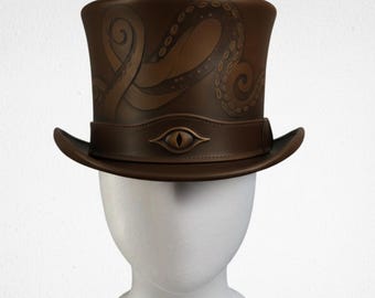 Brown Leather Steampunk Top Hat | Octopus Eye Gothic Victorian Cosplay Hat