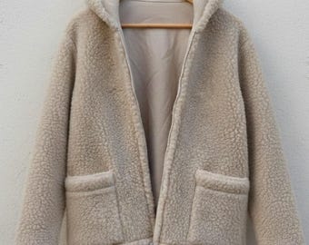 Handmade Beige Sherpa Jacket, Teddy Fleece Hoodie – Cozy Winter Outerwear