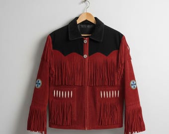 Handcrafted  Red Suede Fringe Jacket – Western Cowboy Coat with Native Inspired Beading