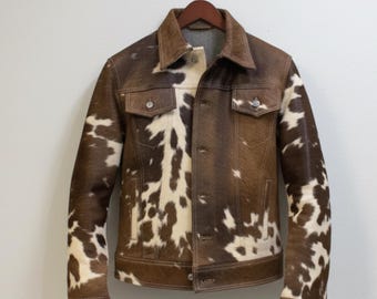 Cow Pattern Leather Jacket, Handmade Cowhide Blazer, Genuine Hair on Hide Coat
