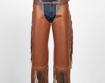 Handmade Brown Cowhide Leather Chaps – Western Rodeo Events