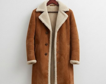 Handmade Brown Suede Shearling Coat – Vintage Winter Aviator Jacket