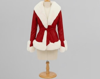 Handmade Red Faux Fur Christmas Jacket – Mrs Claus Santa Coat, Festive Holiday Outfit