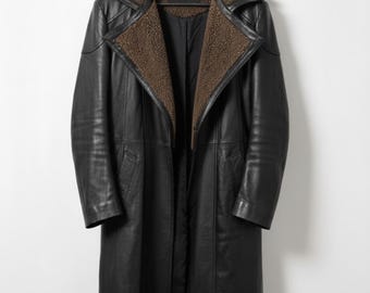 Handmade Black Leather Trench Coat – Men's Sherpa Collar Gothic Outerwear