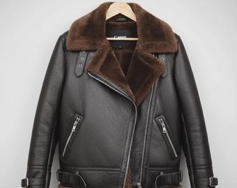 Vintage Brown Shearling Jacket Women, Handmade Leather Aviator Biker Coat