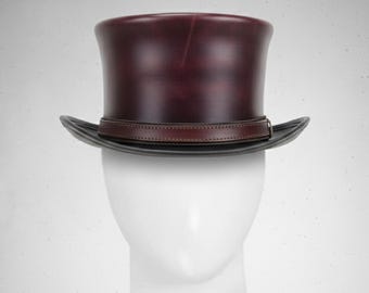 Handmade Burgundy Leather Top Hat | Steampunk Victorian Gothic Festival Hat