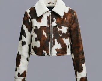 Handmade Cowhide Leather Jacket, Brown Hair on Hide Coat, Western Cow Print Style