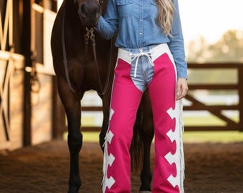 Handmade Pink Suede Fringe Chaps – Western Cowgirl Chaps for Rodeo & Festival