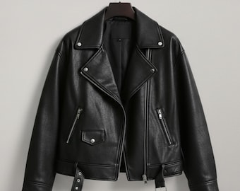 Handmade Black Faux Leather Jacket – Oversized Moto Biker Coat for Women