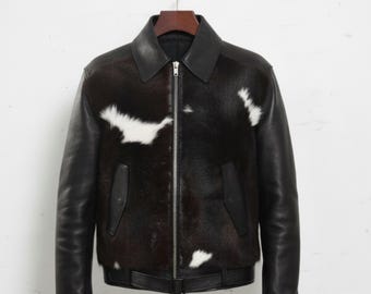 Handmade Hair-On Cowhide Biker Jacket – Western Rodeo Style Leather Coat
