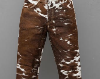 Handmade Brown Faux Cowhide Pants – Western Rodeo Jeans for Streetwear