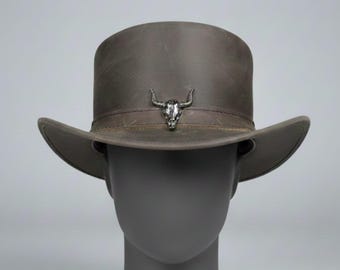 Handmade Brown Leather Cowboy Hat – Bull Skull Fedora Gift for Him for Husband