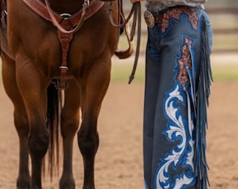 Handmade Blue Leather Rodeo Chaps – Custom Western Tooled Leather with Fringe