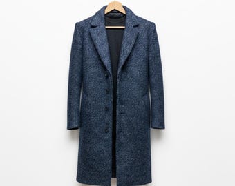 Handmade Blue Tweed Overcoat – Mens Wool Coat for Business for new year Winter outfit
